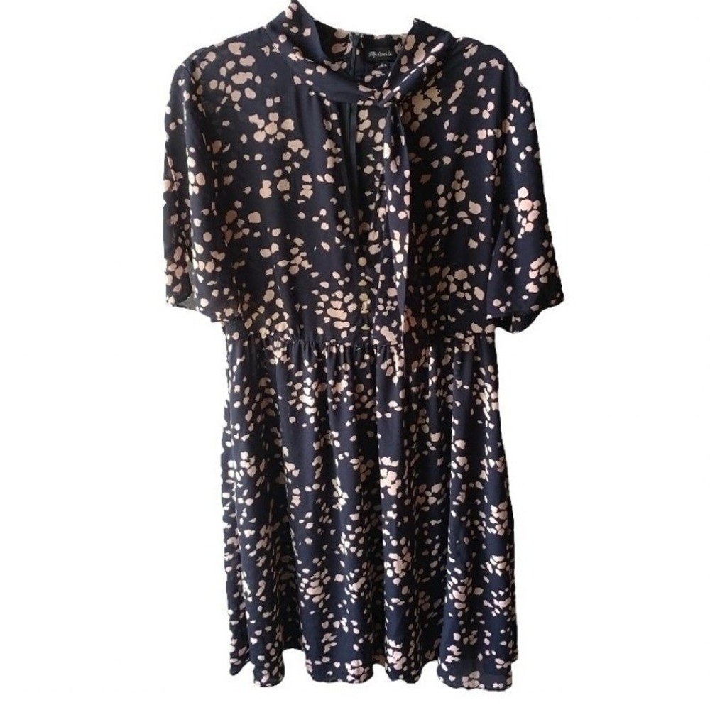 Madewell Tie Neck Mini Dress Womens 6 Navy Blue Abstract Dark Academia Librarian